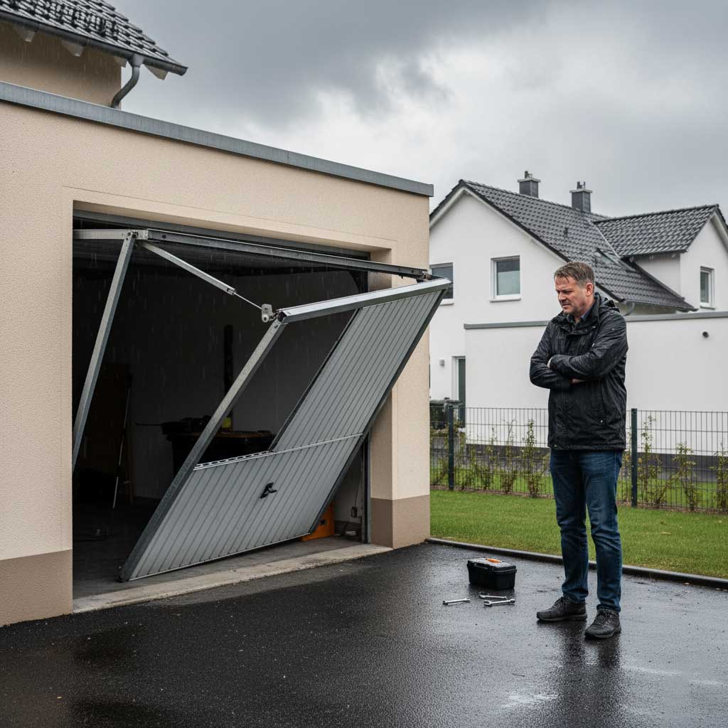 ein defektes Garagentor in einem Vorort in Deutschland ADL Tortechnik