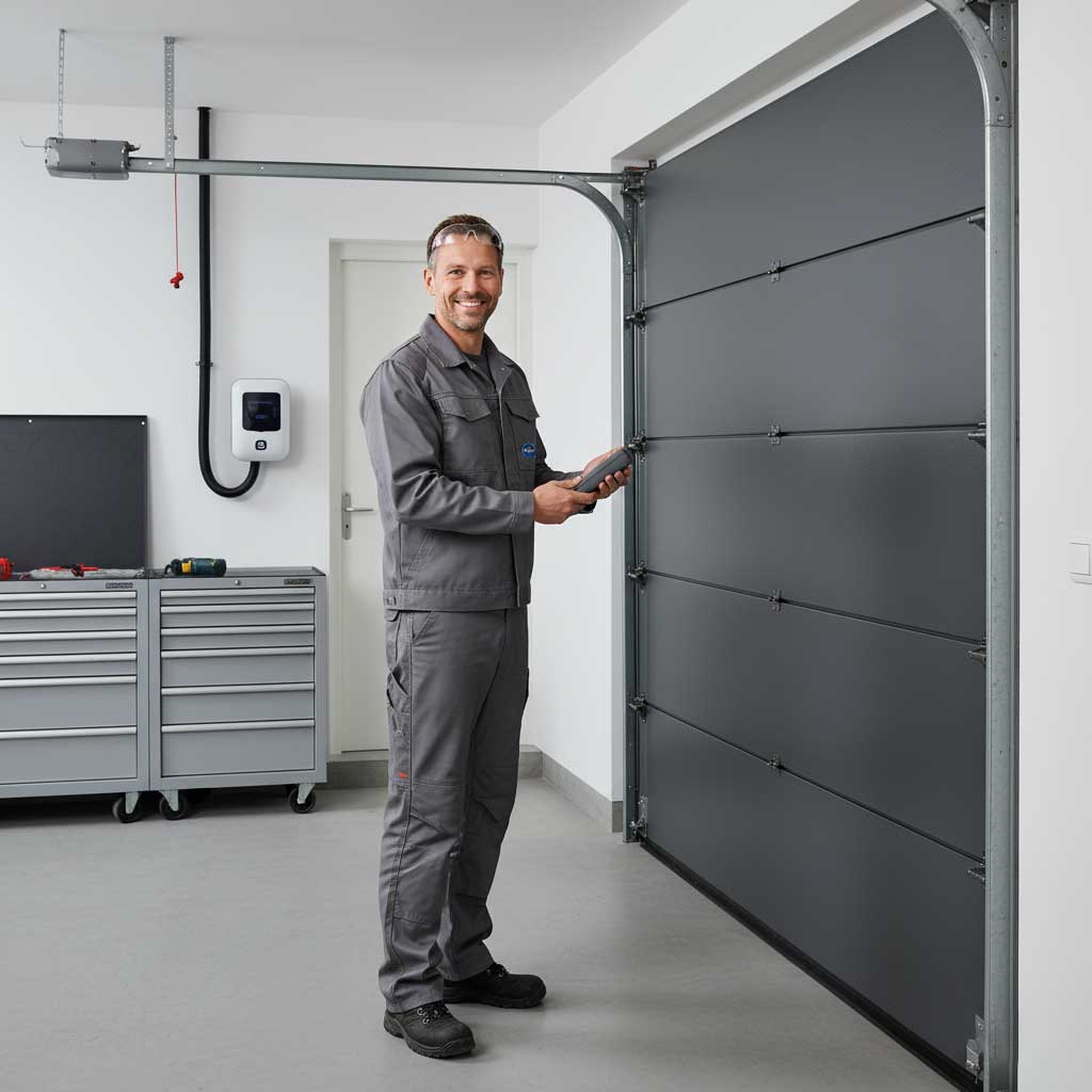 Ein freundlicher, professioneller männlicher Techniker in sauberer, grauer Arbeitskleidung mit sichtbarem 'ADL Tortechnik'-Logo lächelt. Er führt eine finale Prüfung an einem perfekt installierten, modernen grauen Sektionaltor in einer sauberen, modernen deutschen Wohnhaus-Garage durch. Er hält eine Fernbedienung in der Hand, während im Hintergrund Werkzeuge und eine Wallbox für E-Autos sichtbar sind, was die professionelle und moderne Umgebung unterstreicht.