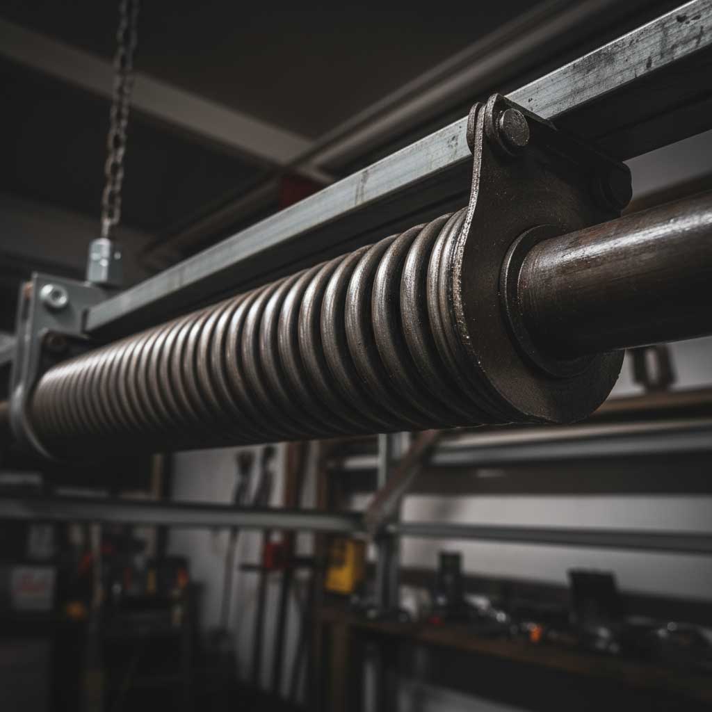 Ein dramatisches Extreme-Close-up einer Torsionsfeder im Mechanismus eines Garagentors. Der Fokus liegt auf den metallischen Windungen der Feder, die ein Gefühl mechanischer Spannung und Kraft vermitteln. Schrauben, Muttern und andere Metallteile sind im unscharfen Hintergrund zu sehen, während die dunkle Beleuchtung und der hohe Kontrast das Gefühl von Gefahr und technischer Komplexität unterstreichen.