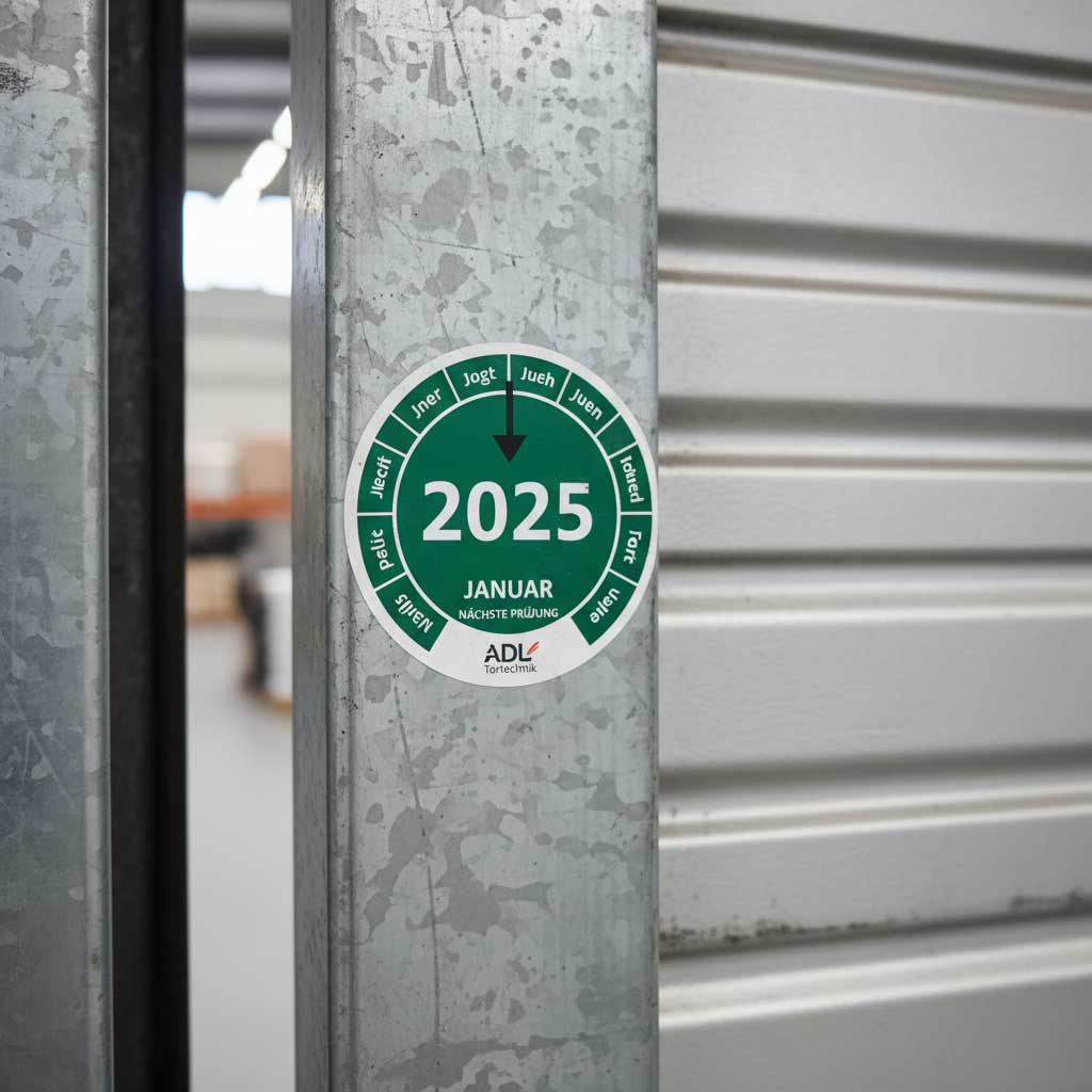 Nahansicht der offiziellen UVV Prüfplakette, die die Einhaltung der jährlichen Prüffristen nach ASR A1.7 an einem Industrietor belegt.