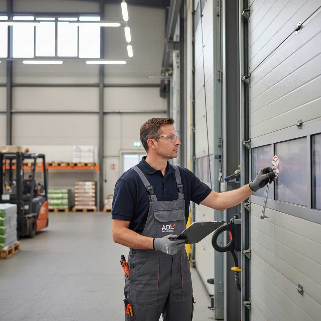 Techniker von ADL Tortechnik bei der UVV-Prüfung eines kraftbetätigten Sektionaltors nach ASR A1.7.