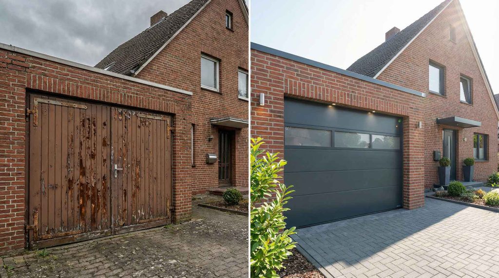 Hochwertiger Vergleich auf geteiltem Bildschirm: Links eine alte, rostige, braune Schwingtürgarage an einem norddeutschen Backsteinhaus, die trüb wirkt. Rechts am selben Haus eine moderne, elegante, anthrazitgraue Sektionaltor-Garage, die hell, sicher und einladend erscheint.