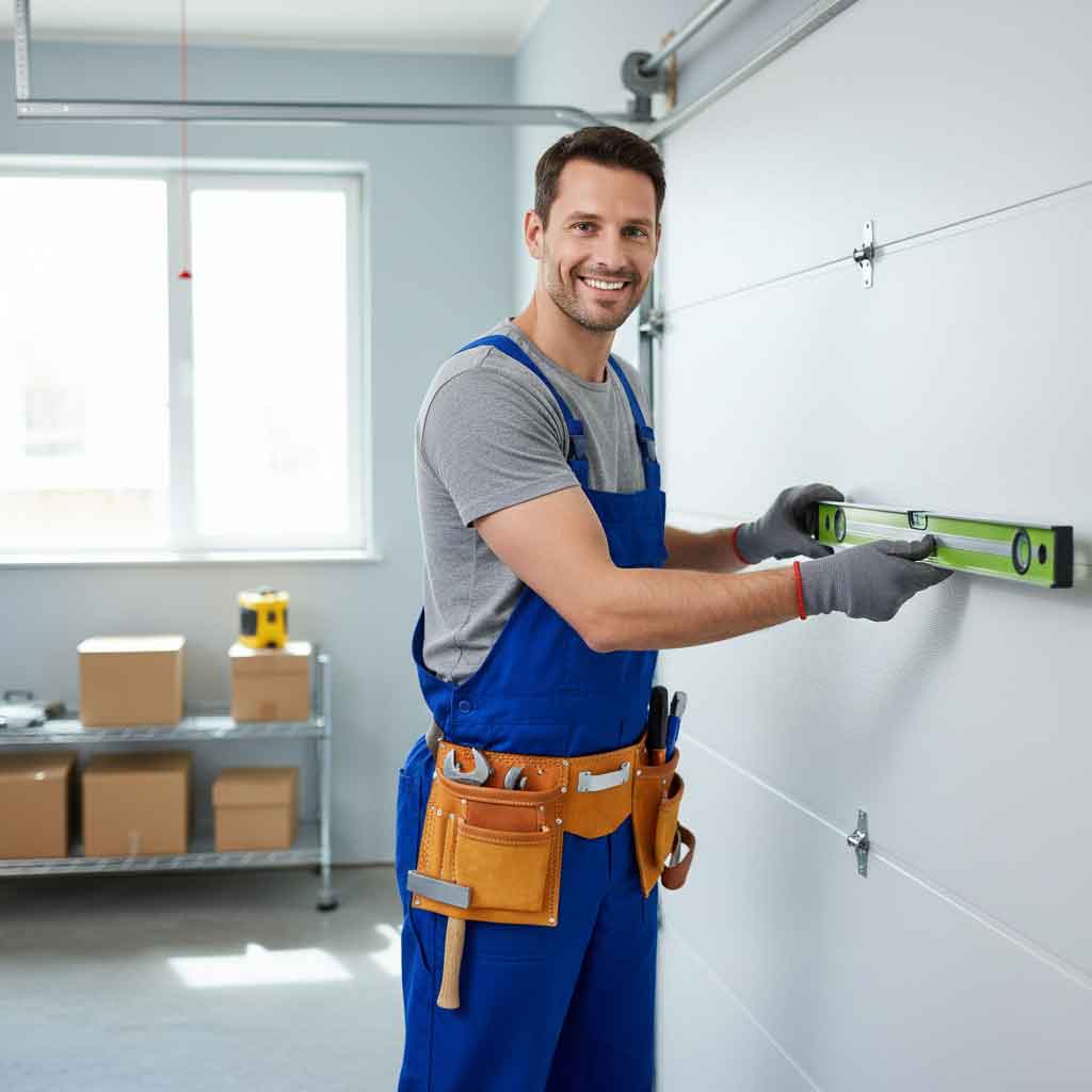 Freundlicher, professioneller Techniker in blauer Arbeitskleidung mit Werkzeuggürtel installiert ein weißes Sektionaltor. Er lächelt und benutzt eine Wasserwaage. Die Garage ist sauber und hell.