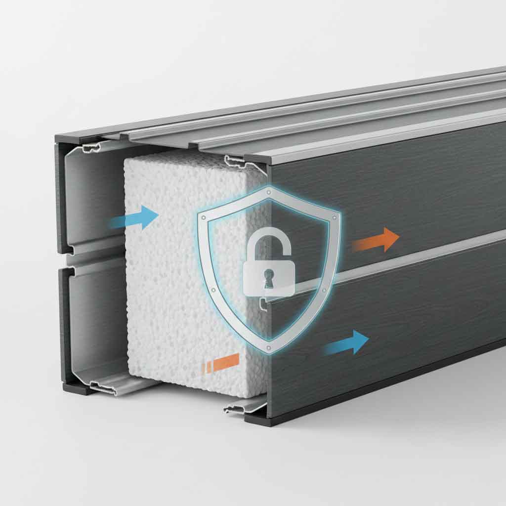 Detaillierte 3D-Querschnitts-Darstellung eines modernen Garagentorsegments. Es zeigt den dicken Schaumstoff-Isolierkern zwischen den Stahlblechen, mit einem dezent überlagerten Schild-Symbol, das Sicherheit und Isolierung symbolisiert.