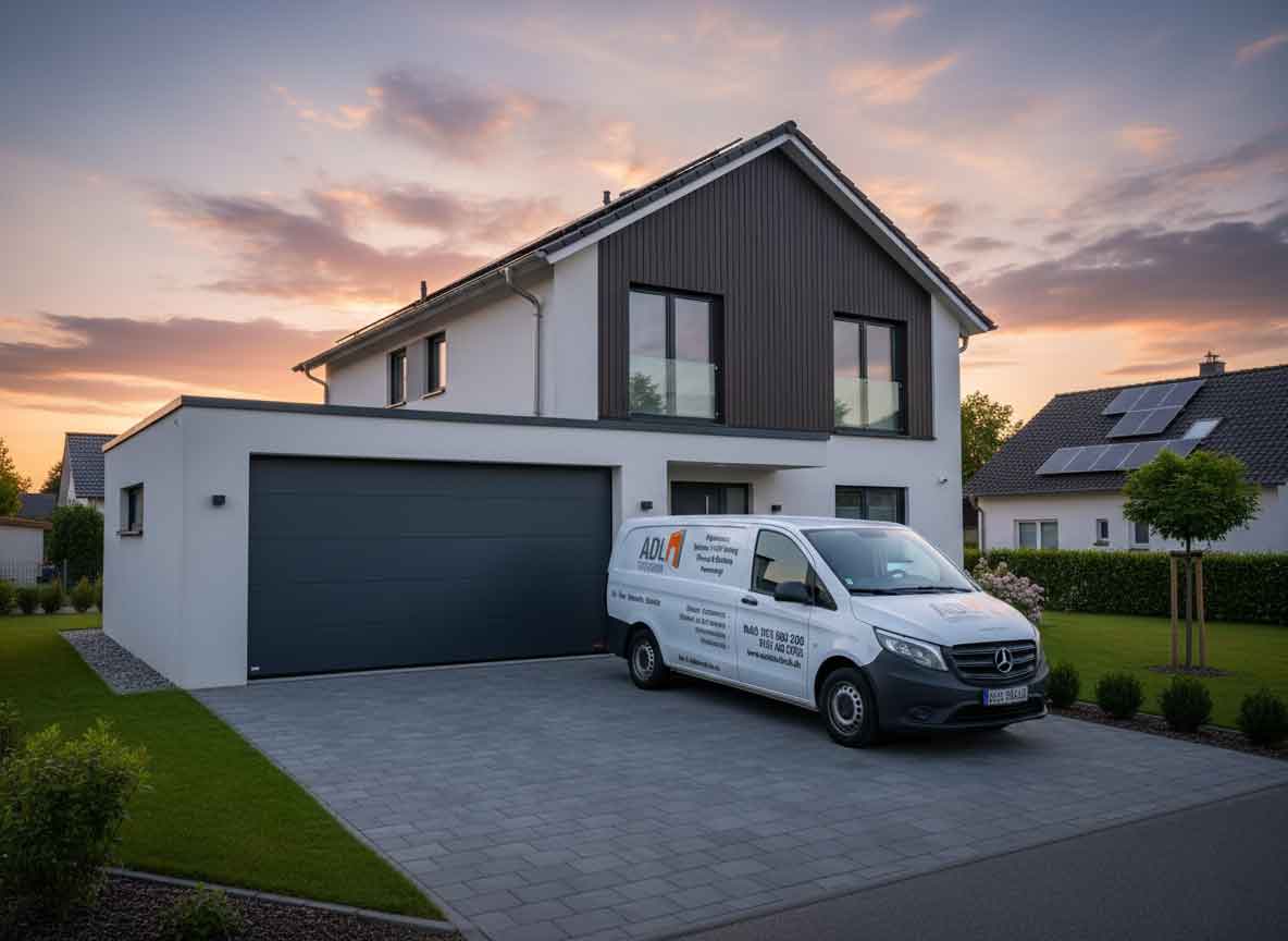 Modernes anthrazitfarbenes Sektionaltor an einem Einfamilienhaus in Waiblingen nach dem Austausch durch ADL Tortechnik