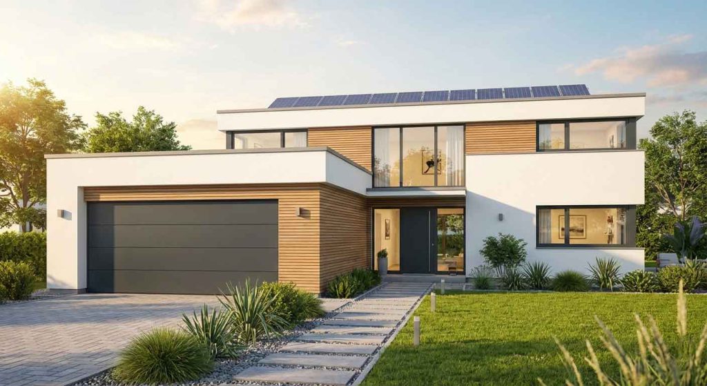 Modernes Sektionaltor in Anthrazit an einem Einfamilienhaus in Waiblingen