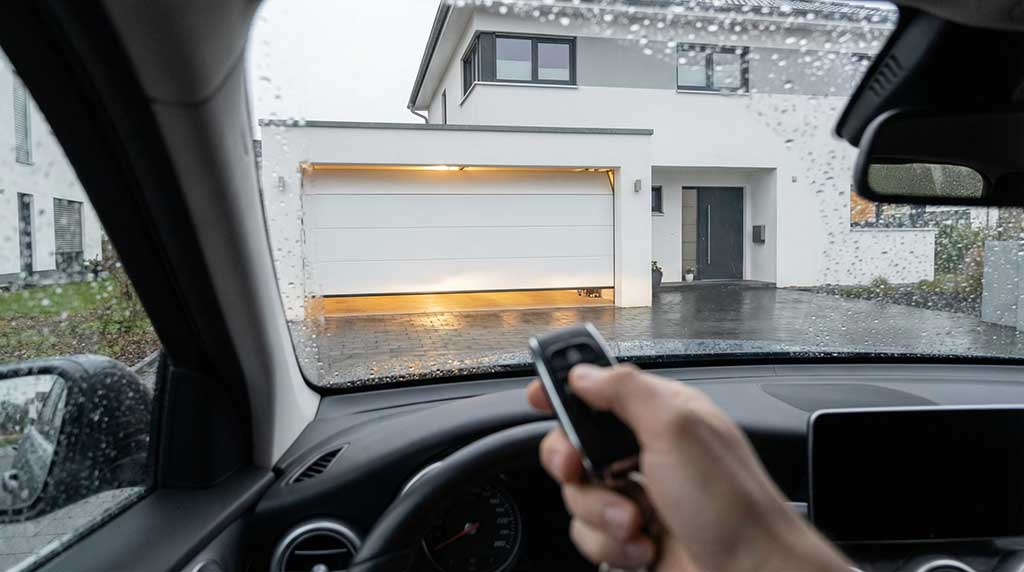 Fahrer öffnet Garagentor elektrisch mit Fernbedienung bei Regen in Waiblingen