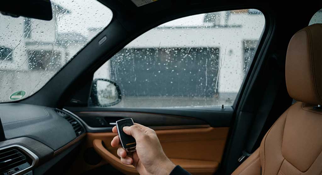 Bequem das Garagentor elektrisch öffnen per Fernbedienung aus dem Auto bei Regen.