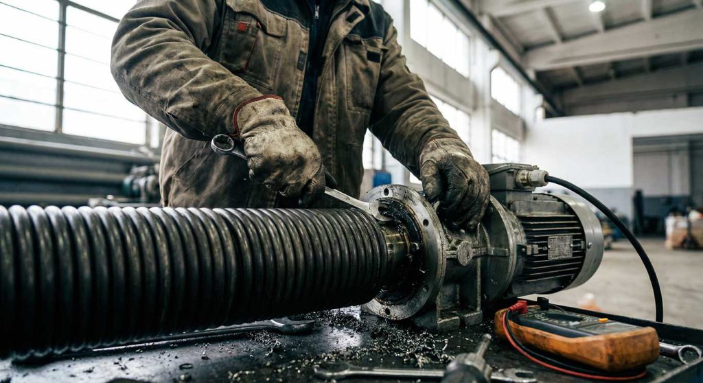 Techniker führt professionelle Torreparatur an einem Sektionaltor durch