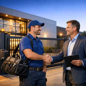 Zufriedener Kunde und Techniker nach erfolgreicher Wartung der Toranlage bei Adl Tortechnik.