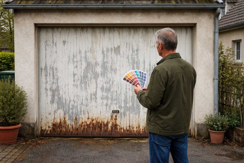 Ein altes, verblasstes Schwingtor aus Metall mit sichtbaren Roststellen an einem Einfamilienhaus.