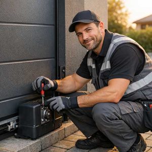 Techniker von ADL führt professionelle Reparatur und Instandsetzung an einem Sektionaltor durch