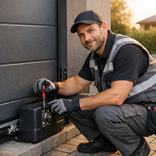 Techniker von ADL führt professionelle Reparatur und Instandsetzung an einem Sektionaltor durch