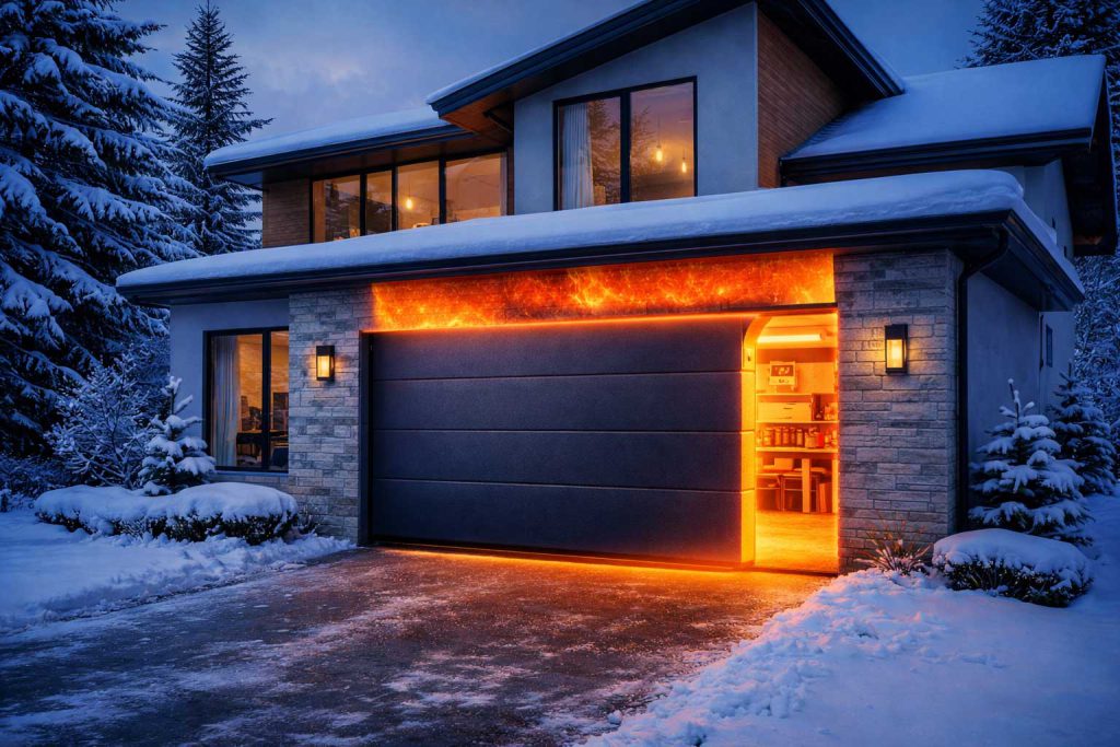 Modernes, isoliertes Sektionaltor im Winter, das Wärme in der Garage speichert – ADL Tortechnik