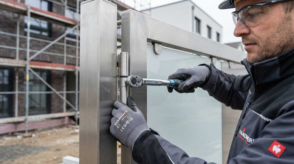 Erfahrener Handwerker bei der präzisen Montage einer Toranlage.