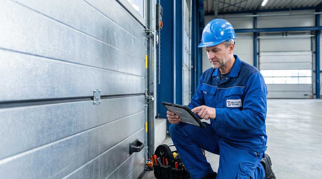 Professioneller Servicetechniker bei der UVV Prüfung einer Industrie-Toranlage
