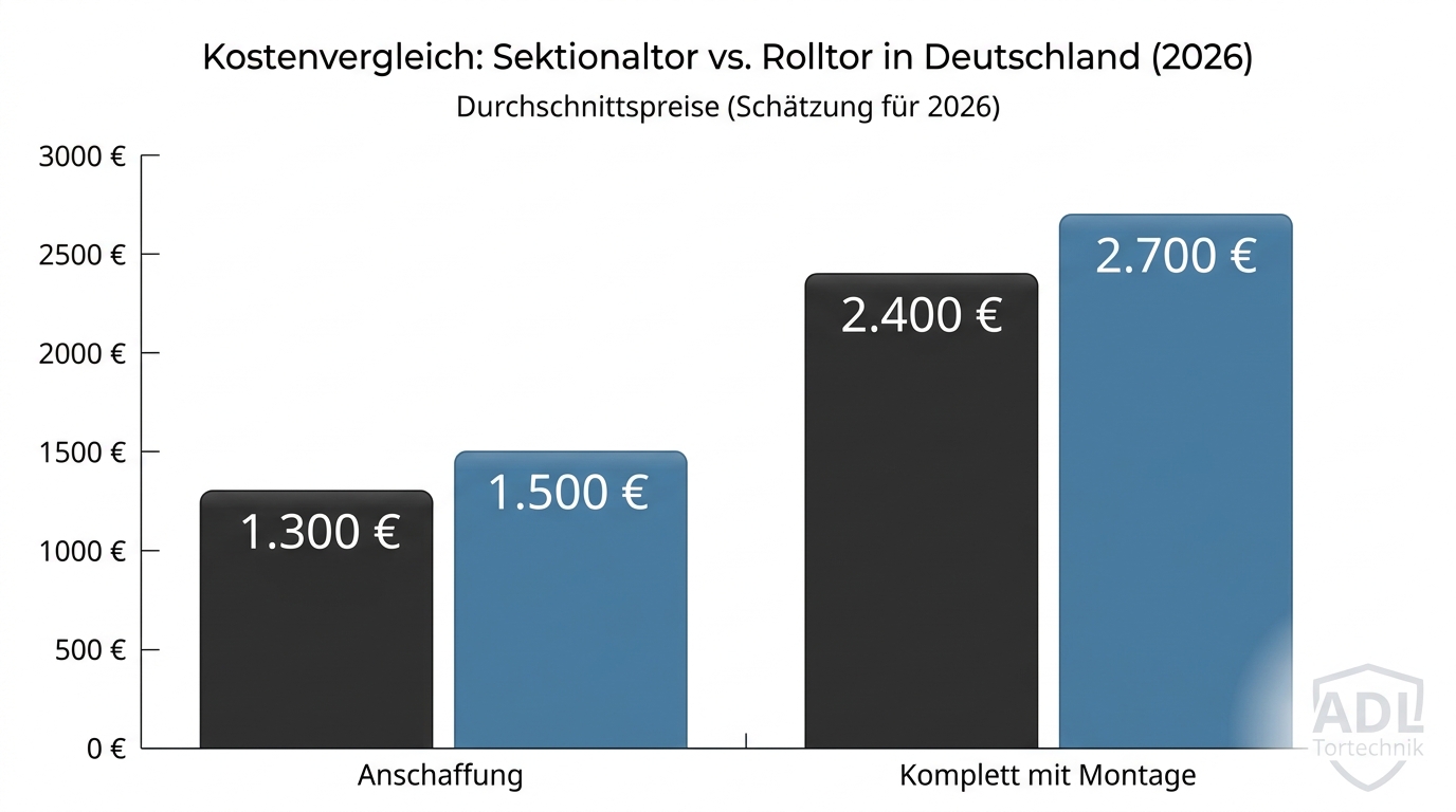 Balkendiagramm: Sektionaltor vs. Rolltor Kostenvergleich