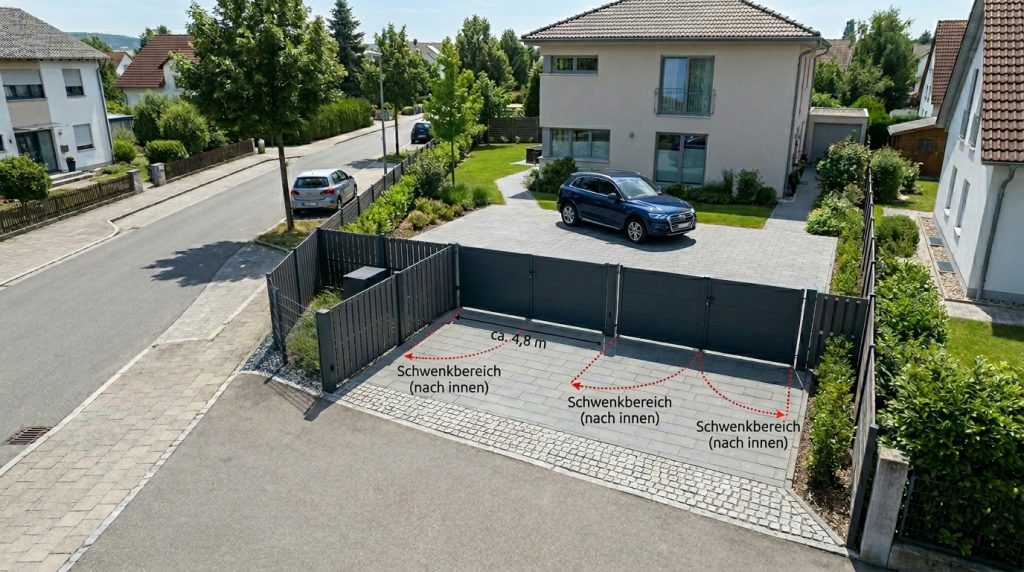 Driveway with two gate variants 202606111850 ADL Tortechnik