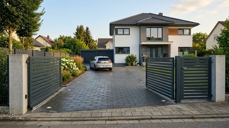 Modern German driveway with gate 202606111848 ADL Tortechnik