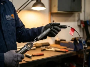 Techniker montiert Sicherheitsseil an der Garagentorfeder