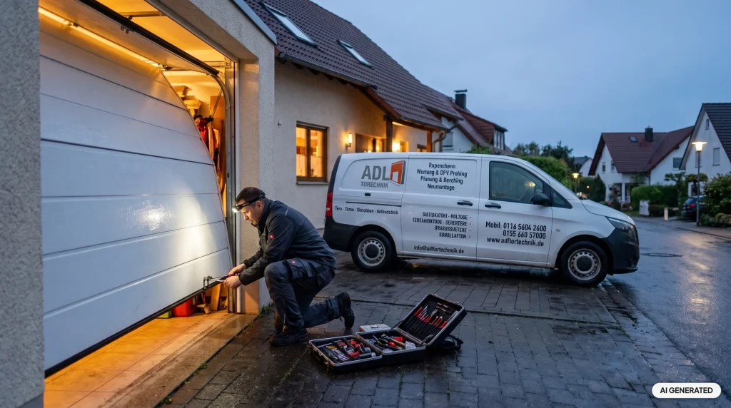 Techniker von ADL Tortechnik repariert abends ein Garagentor im Notdienst in Waiblingen