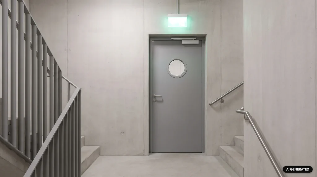 Stahl-Brandschutztür T30 im Treppenhaus eines Gewerbegebäudes