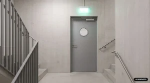 Stahl-Brandschutztür T30 im Treppenhaus eines Gewerbegebäudes